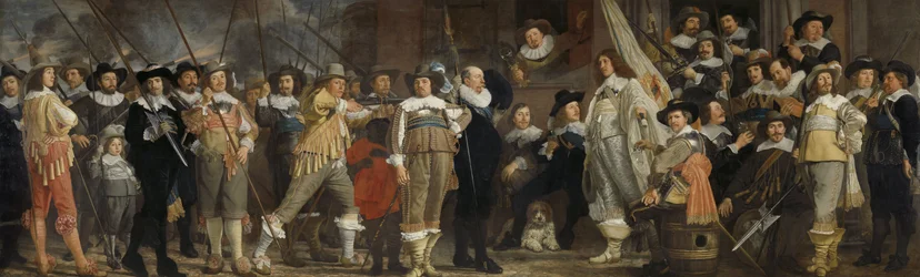 Offiziere und andere Mitglieder der Miliz des Bezirks VIII in Amsterdam unter der Führung von Hauptmann Roelof Bicker und Leutnant Jan Michielsz. Blaeuw